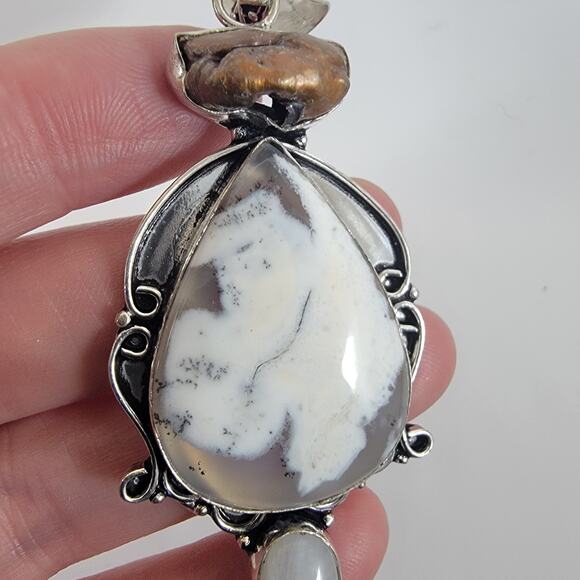 Handmade Silver Pendant with Dendritic Opal, Moonstone & Freshwater Pearl - Picture 9 of 10